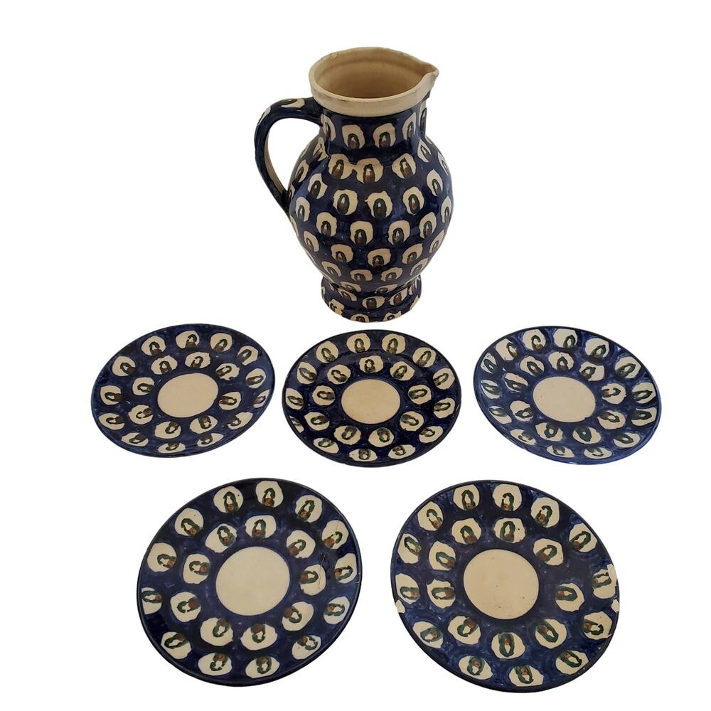 Vintage Polish German Peacock Eye Pottery Teapot Plates Set Blue Pottery 1940s
